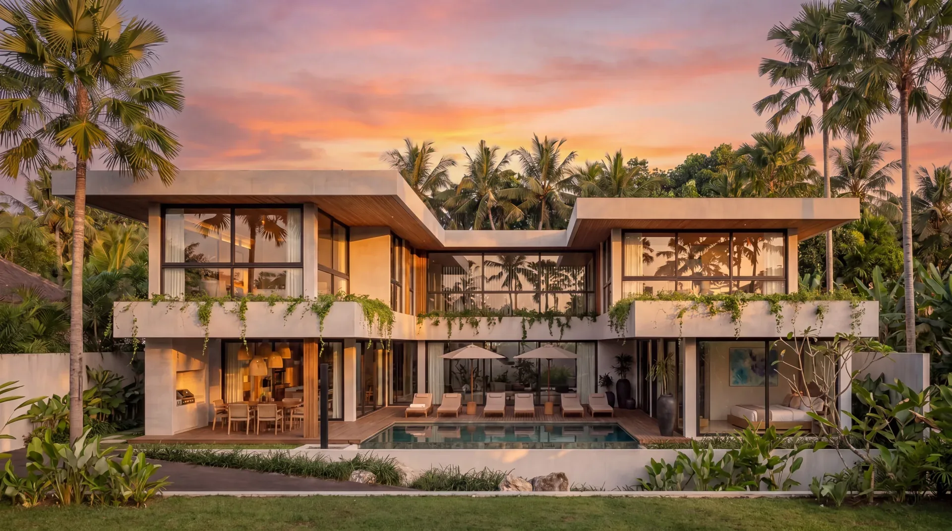 Freehold cliffside villa with pool at golden hour