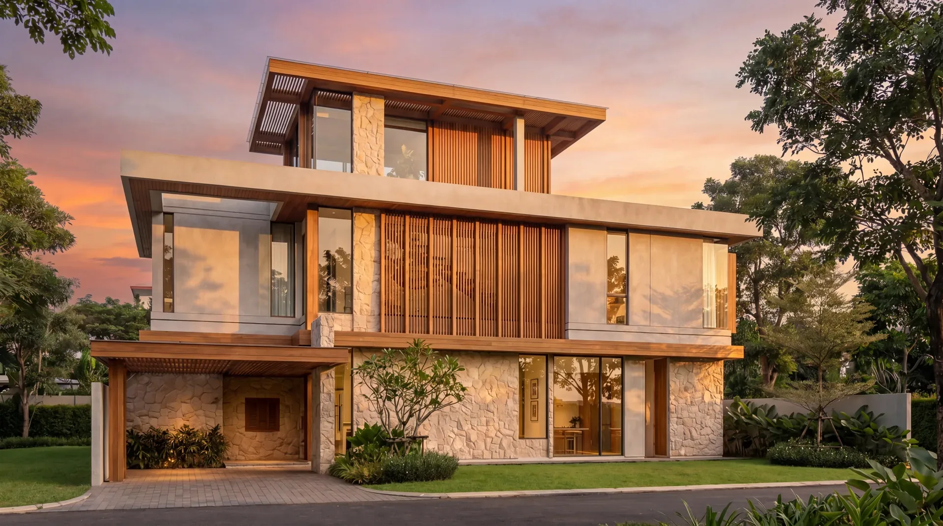 Golden-hour villa exterior at Ulu Art Bay, Uluwatu