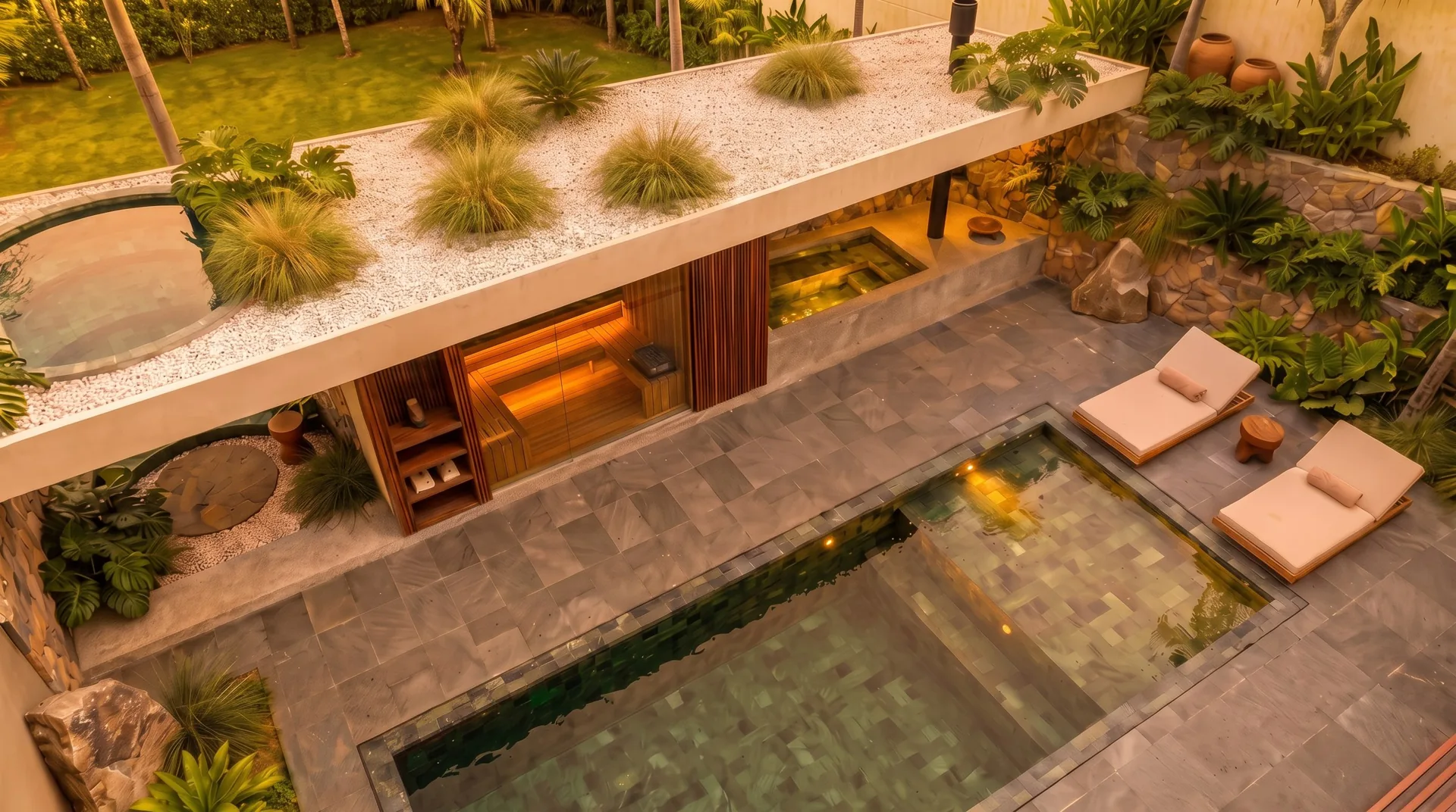 Courtyard pool at golden hour