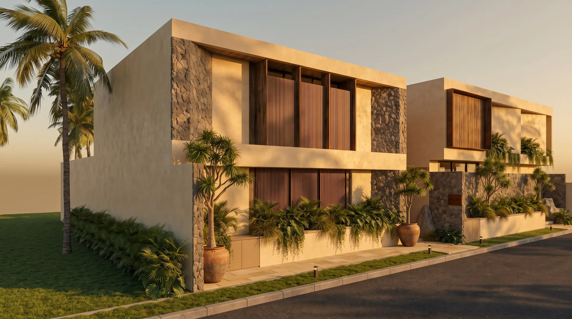 Villa facade at golden hour