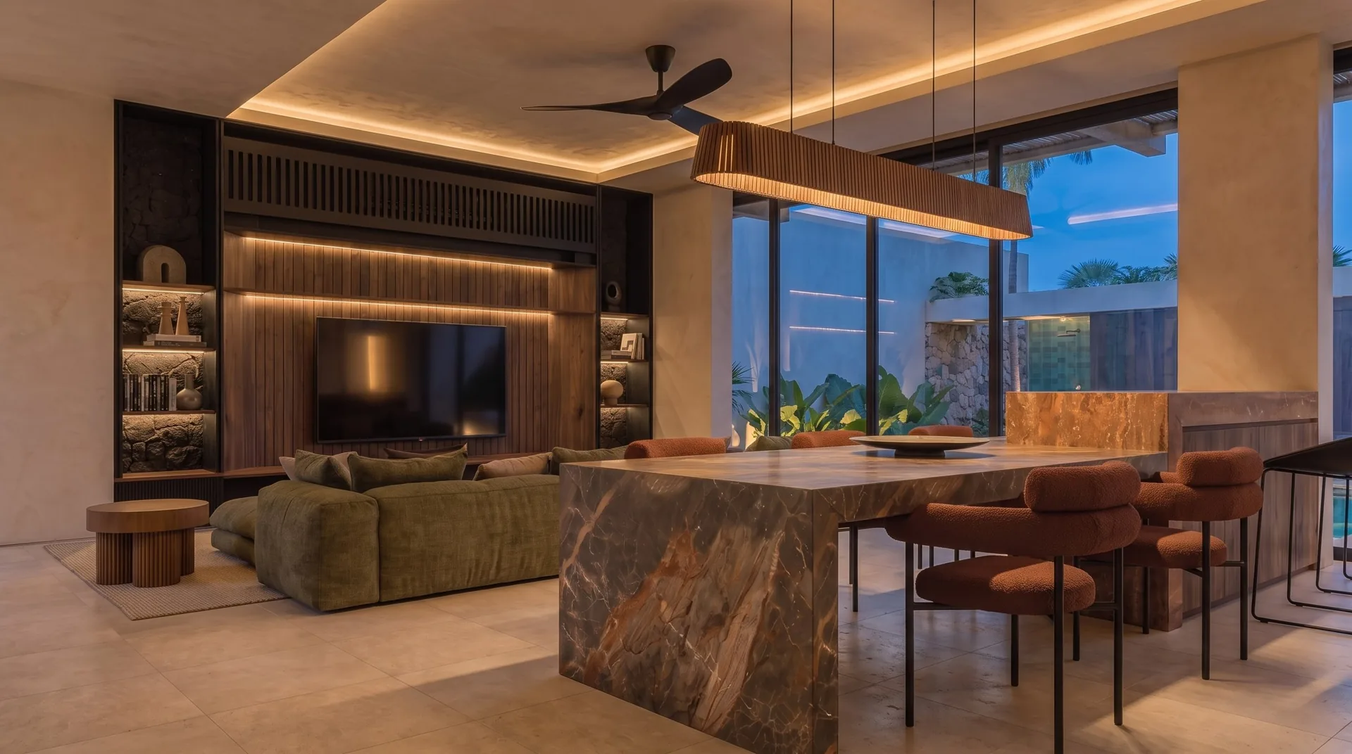 Open living and dining at dusk