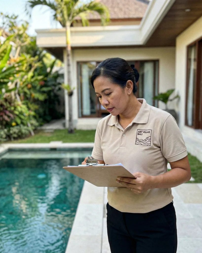 Kadek, our team member conducting a villa inspection in Tumbak Bayuh