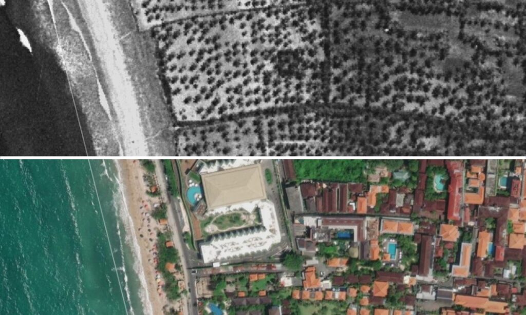Satellite image of Kuta beach, Bali from 1965 and 2024, Bali transformation