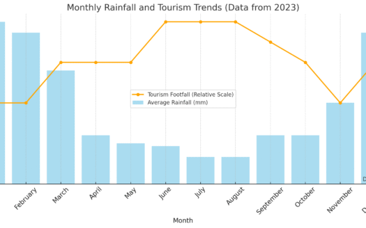 Graph showing monthly rainfall and tourism trends in Bali (2023)