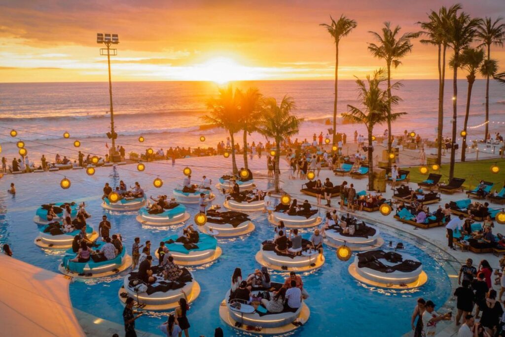 Seminyak beach club sunset scene
