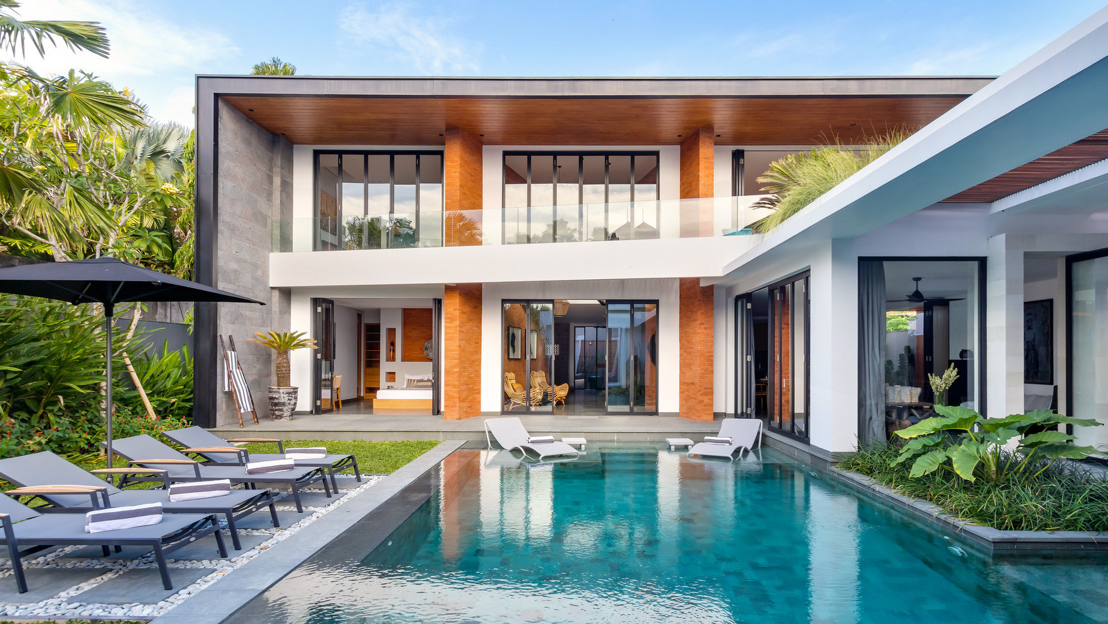 Modern Bali villa exterior with pool